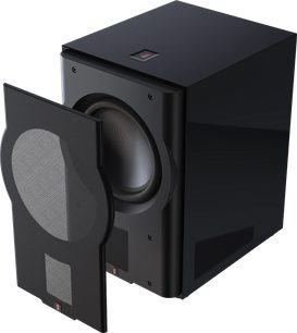 Perlisten R212s Subwoofer, perspective view, front grille removed, circular driver visible, black finish