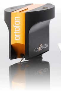 Ortofon Cadenza Bronze pikap iğnesi, önden ve yandan görünüm, siyah ve altın renkli gövde, iğne ucu görünür şekilde