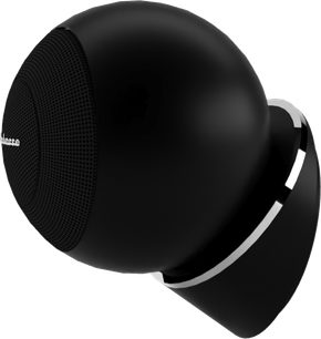 Diffusore sferico nero opaco su base nera, visto di tre quarti anteriore, griglia acustica nera sulla metà anteriore