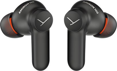 Двойка безжични слушалки Beyerdynamic Amiron 100 от мат черен пластик, с полупрозрачни оранжеви силиконови накрайници, кръгла капачка с лого Y в сребристо и къса дръжка, преден изглед