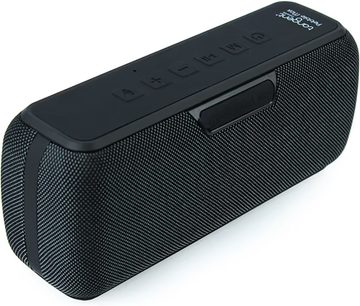 Enceinte Bluetooth Tangent Pebble Max noire en tissu maillé, vue trois-quarts dessus, boutons en relief, bords arrondis