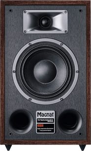 Magnat Transpuls 800A sort bogreolhøjttaler, set forfra, woofer- og diskanthøjttaler, træhus, metalrist