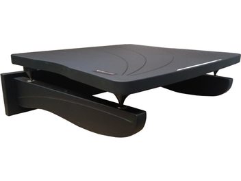 Czarna szafka hi-fi Bassocontinuo Melodica 2.1, widok z przodu, 2 zakrzywione, nachodzące na siebie półki, nogi w kształcie fal