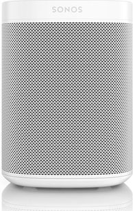 Trådløs, tilsluttet Sonos One (Gen 2) højttaler i mat hvid, set forfra, perforeret gitter over hele overfladen, "SONOS"-logo øverst