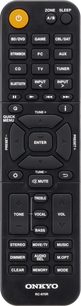 Sort Onkyo RC-970R fjernbetjening med gule og hvide knapper til at styre forskellige lyd/video-funktioner