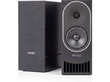 PMC Prophecy1 black bookshelf speaker, view with removable grille and exposed drivers, black walnut finish