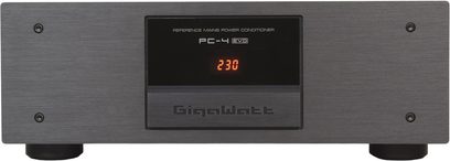 Condizionatore di rete GigaWatt PC-4 EVO, frontale in alluminio spazzolato grigio con display centrale arancione 230
