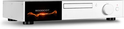 Lecteur CD haute-fidélité Audiolab 9000CDT argent avec écran noir affichant des ondes orange, tiroir CD, bouton rotatif argenté
