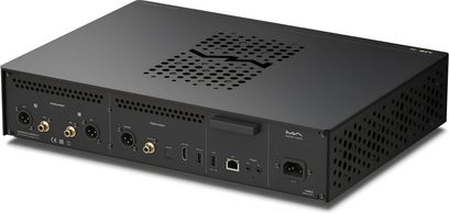 Lettore audio di rete Matrix Audio MS-1c nero, vista posteriore con numerose connessioni e coperchio perforato