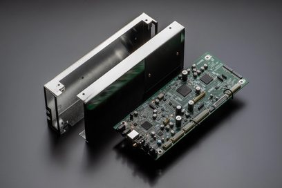 Ampli hi-fi stereo Denon PMA-1700NE černý, pohled zepředu a z boku, zelený tištěný spoj s elektronickými součástkami