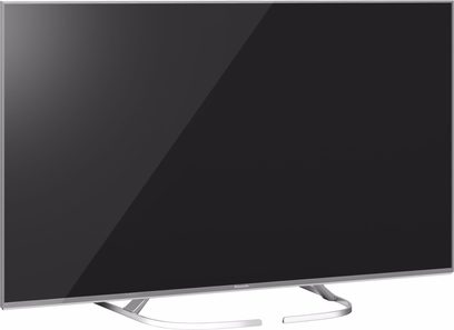 Panasonic TX-58EX730E fladskærms-TV, rektangulær sort skærm slukket, set forfra, placeret på en sølvfarvet fod