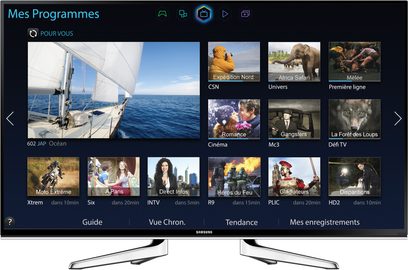 Samsung UE48H6640 tv der viser en brugergrænseflade med miniaturebilleder af tv-programmer