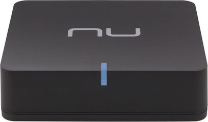 Nuforce BTR100 trådløs sender, mat sort rektangulær med sølvfarvet "nu" logo og blå LED-indikator på toppen