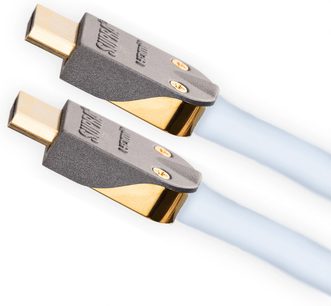Due connettori HDMI dorati Supra collegati da un cavo bianco, visti di profilo su sfondo bianco
