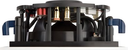 Altavoz de pared empotrable ArtSound SQ2060 vista trasera, estructura redonda negra con bornes dorados y abrazaderas azules