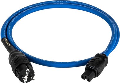 Cardas Clear Cygnus Power netledning 2m, blå kappe, hvide inskriptioner, sorte stik, fuldt overblik
