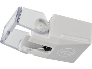 Diamant til Audio Technica AT-VMN70xSP pladespiller, lysegrå plast, metal-cantilever og gennemsigtigt beskyttelsesdæksel, set i trekvart profil