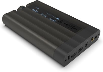 Convertitore audio portatile iFi Audio xDSD Gryphon nero, chassis in metallo zigrinato con display e ingressi cuffie sul frontale