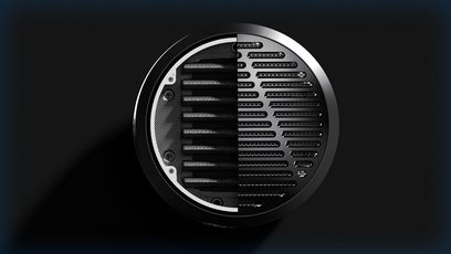 Audeze LCD-5 åben aluminiumshøjttaler, tæt forfra-visning af gitteret og transducerne, sort baggrund