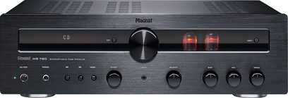 Magnat MR 780 sort hi-fi stereforstærker, front med knapper, drejeknapper, hovedtelefon- og mikrofonindgange, LED-display, set forfra