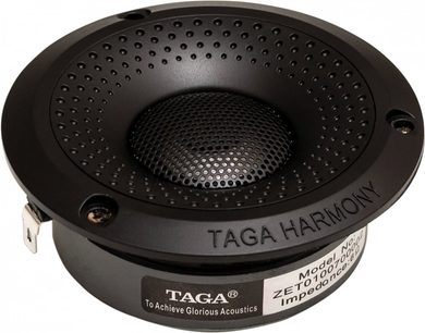 Taga Harmony Platinum B-40 V.3 sort højttaler, nærbillede forfra, cirkulær perforeret sort gitterdæksel, sølvfarvet logo