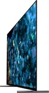 Sony TV XR65A80L, linker zijaanzicht, plat scherm, dunne rand, rechthoekige standaard, beeld blauwe kristallen