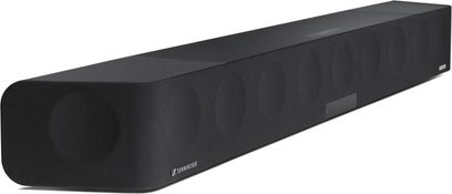Sennheiser AMBEO Soundbar Max + SUB sort, frontvisning, aflang rektangulær form med afrundede kanter