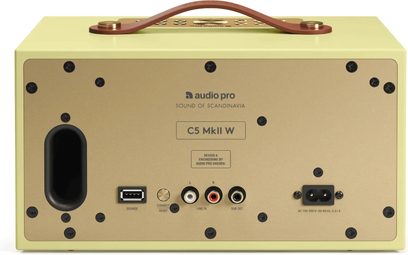 Diffusore connesso Audio Pro C5 MKII W Classic giallo pallido, vista posteriore con maniglia marrone e prese audio