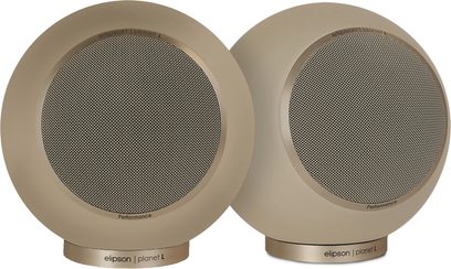 Elipson Planet L Performance 2.0 mat bej renkli kitaplık hoparlörler, dairesel metal ızgaralar ve silindirik kaidelerle