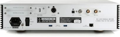 Vista posteriore del lettore audio di rete Aurender N20 argento, con vani SSD, porte USB, AES/EBU, coassiali e di rete