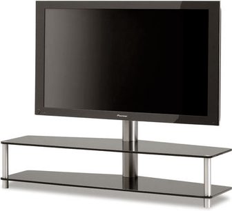 Spectral Panel PL152 TV-møbel i sort glas og børstet metal, 2 hylder, fladskærm placeret ovenpå, set forfra