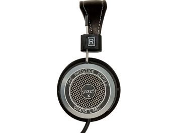 Cuffie hi-fi aperte Grado SR325x, vista frontale, griglia metallica rotonda, archetto in pelle nera, trasduttori argentati, logo "R" nero