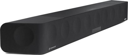 Barra audio nera Sennheiser AMBEO Soundbar Max vista frontale in prospettiva, forma rettangolare allungata con angoli arrotondati