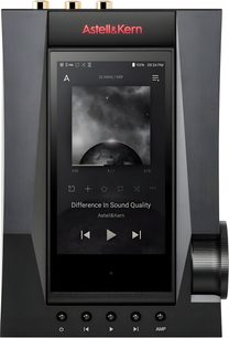 Předzesilovač sluchátek Astell&Kern ACRO CA1000T černý, pohled zepředu, displej zobrazující grafické rozhraní a audio spektrum