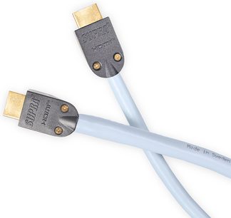 Due connettori HDMI grigio scuro con contatti dorati, collegati da un cavo piatto bianco, su sfondo bianco