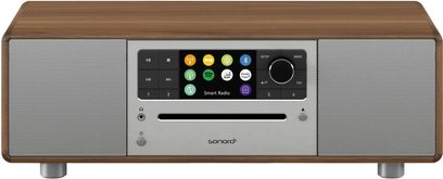 Radio da tavolo Sonoro Prestige in noce e metallo argentato, pannello frontale con display, pulsanti, altoparlanti