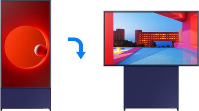 Samsung The Sero QE43LS05T TV med lodret drejning, rød og blå skærm, rød front med sort cirkel