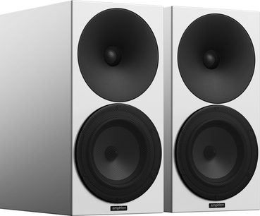 Duas colunas de estante Amphion Argon 3S, vista frontal, caixa branca e alto-falante preto, formato retangular vertical