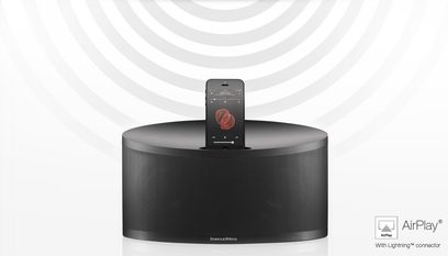Bowers & Wilkins Z2 sort højttaler, set forfra, cylindrisk form, indbygget iPhone/iPod-dock på toppen, sort gitter
