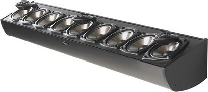 Mirage Uni-Theater soundbar i sort, set ovenfra, 6 ovale sølvfarvede højttalere på række i et rektangulært kabinet