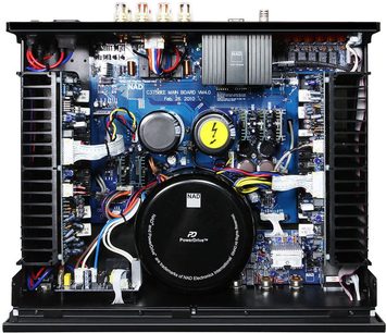 NAD C375BEE DAC CT titano hi-fi stiprintuvas, vidinių elektroninių komponentų, spausdintinių plokščių, transformatoriaus ir šilumos sklaidytuvų vaizdas