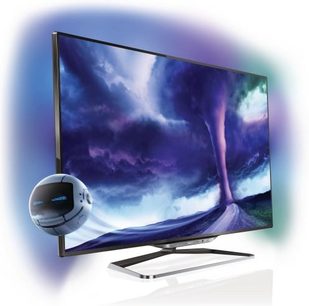 Philips 55PFL8008K-fladskærm, der viser en lilla hvirvel på en sky baggrund, set fra en trekvartvisning på en metalfod