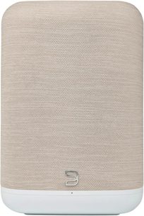Bluesound PULSE FLEX verbonden luidspreker in beige, vooraanzicht met stoffen rooster en afgeronde witte basis