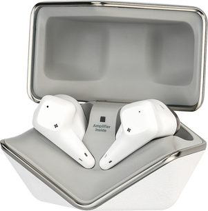 Бездротові навушники Hifiman Svanar Wireless Jr, білі навушники в відкритому корпусі, вид спереду, сірий інтер'єр, текст "Amplifier Inside"