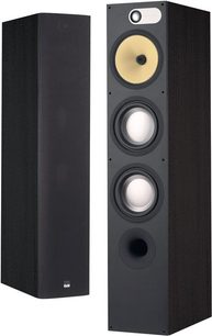 Kolumna głośnikowa Bowers & Wilkins 683 w kolorze czarnego buku, pionowa prostokątna obudowa drewniana, 4 głośniki frontowe, zdejmowana czarna maskownica