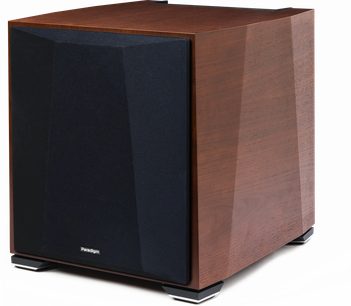 Paradigm XR 13 noce subwoofer, vista frontale, in legno scuro, con altoparlante nero sulla parte anteriore