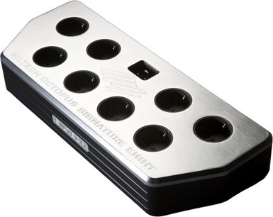 Multipresa Siltech Octopus Signature Eight Cu nera, parte superiore in metallo spazzolato argento, 8 prese tonde, interruttore, vista obliqua
