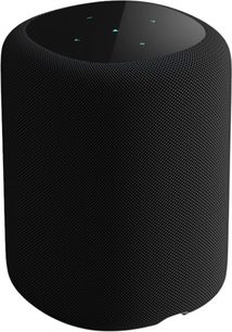 Sort WiiM Sound Display smart højttaler, cylindrisk med mesh-stof, blank top med touch-betjening, skrå vinkelvisning
