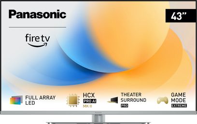 TV-43W93AE6 Panasonic, fladskærm, set forfra, fire tv-logo, blå og orange gradient baggrund, funktionsikoner nederst