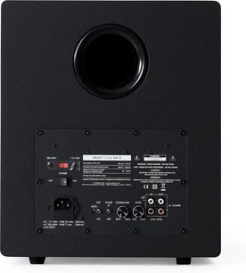 Siyah Elipson Classic Sub 10 subwoofer, dairesel bas refleks portu, bağlantı noktaları ve ayar düğmeleriyle arkadan görünüm